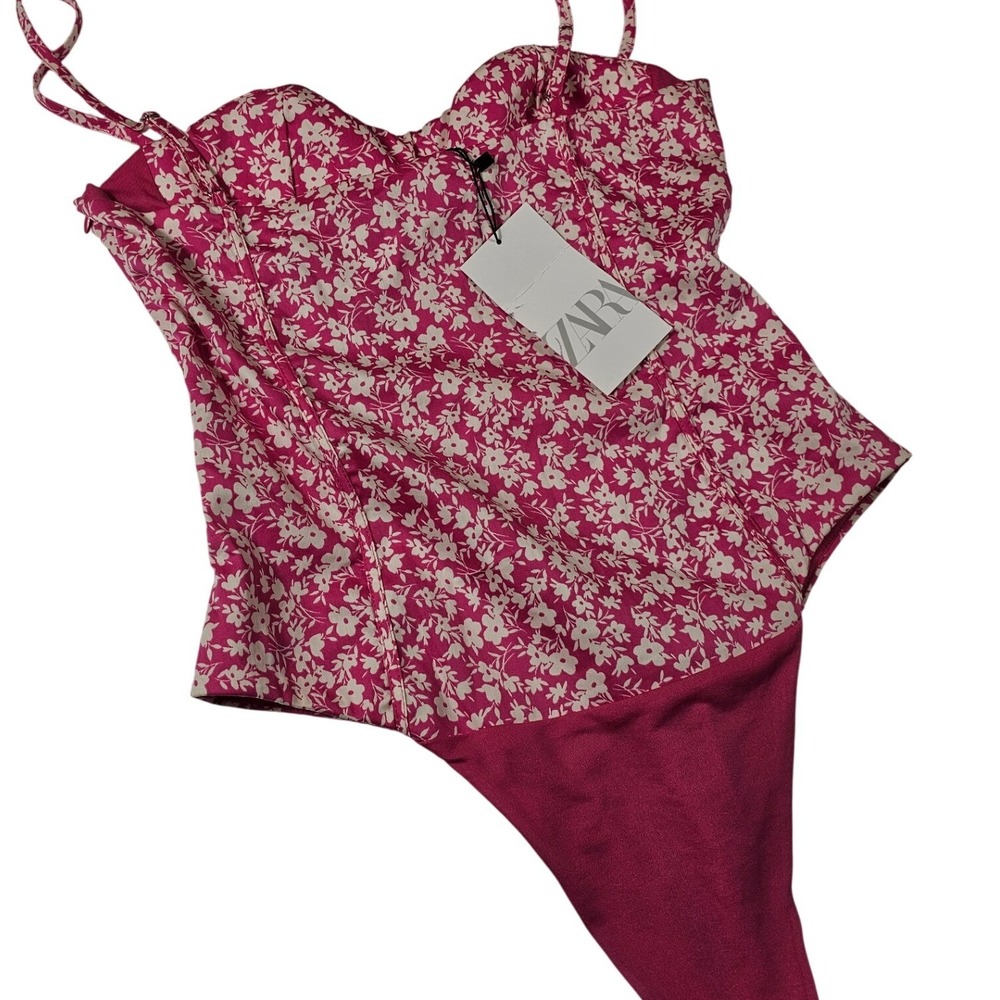 Zara Pink Floral Corset Bodice Bodysuit Sweetheart Neckline 4688/118/046 Size M - Picture 2 of 8